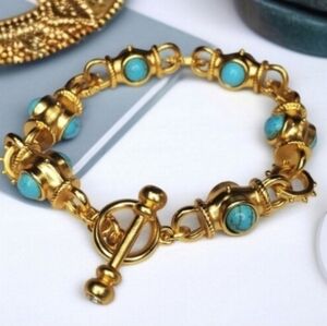 Matte Gold Byzantine Revival Turquoise Cabochon Toggle Bracelet
